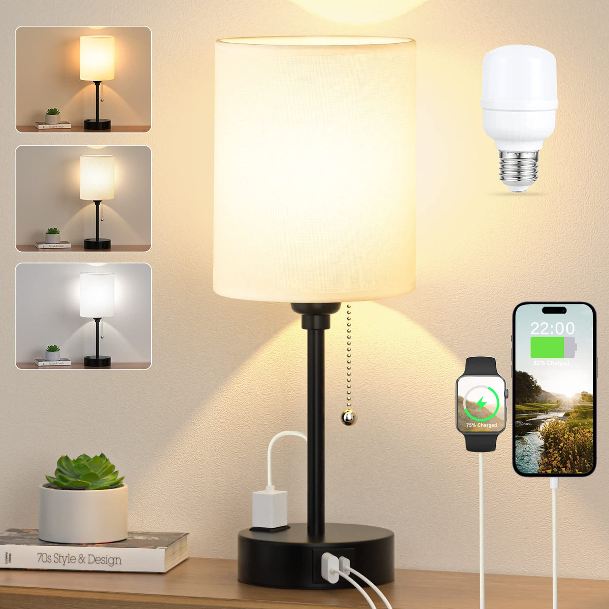 Dicoool Small Bedside Table Lamp – 3 Color Temperatures, USB-C/USB, AC Outlet