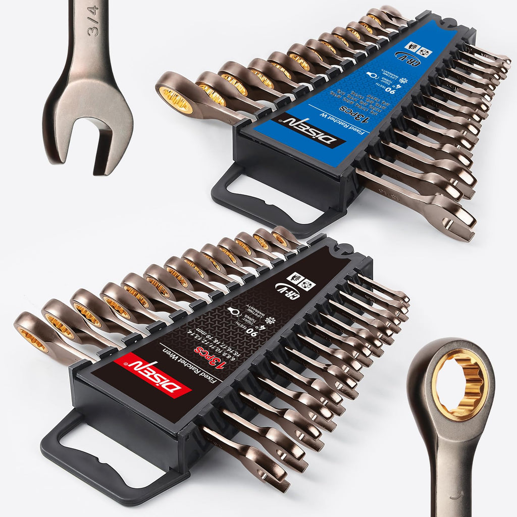 DISEN 26-Piece Ratcheting Wrenches Set | 90-Tooth 4° Swing, Cr-V Steel, Metric & SAE