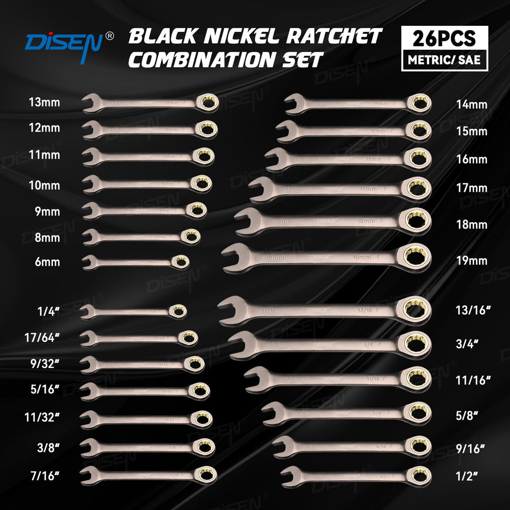 DISEN 26-Piece Ratcheting Wrenches Set | 90-Tooth 4° Swing, Cr-V Steel, Metric & SAE