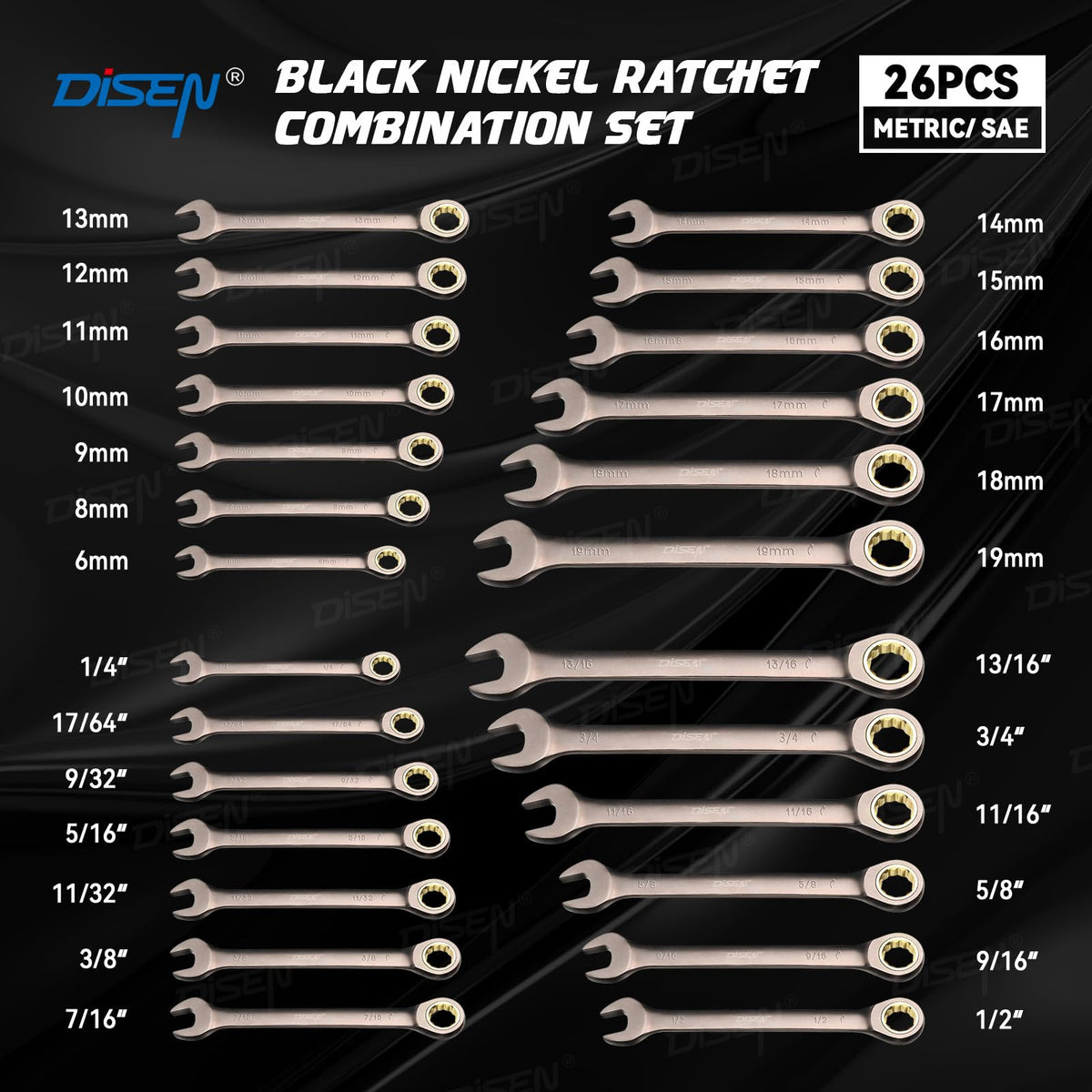 DISEN 26-Piece Ratcheting Wrenches Set | 90-Tooth 4° Swing, Cr-V Steel, Metric & SAE