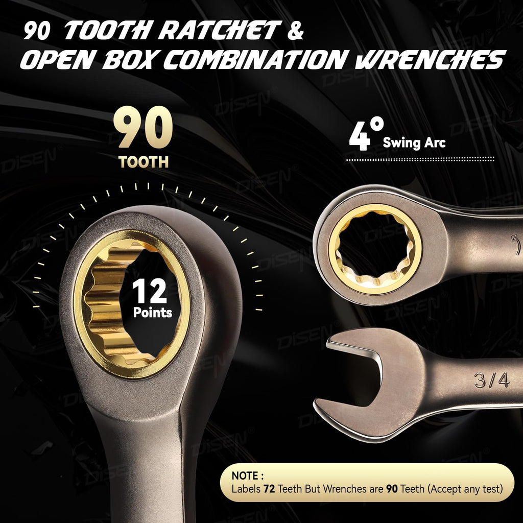 DISEN 26-Piece Ratcheting Wrenches Set | 90-Tooth 4° Swing, Cr-V Steel, Metric & SAE