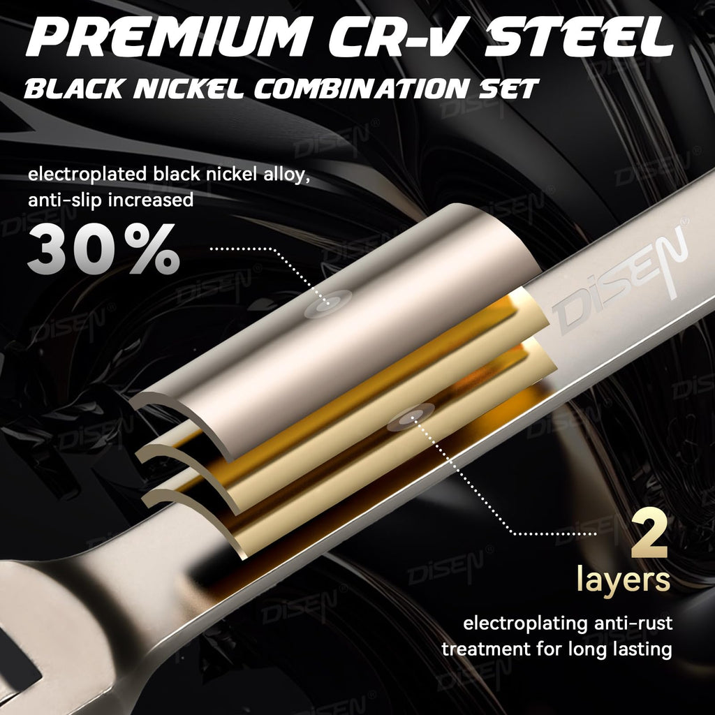 DISEN 26-Piece Ratcheting Wrenches Set | 90-Tooth 4° Swing, Cr-V Steel, Metric & SAE