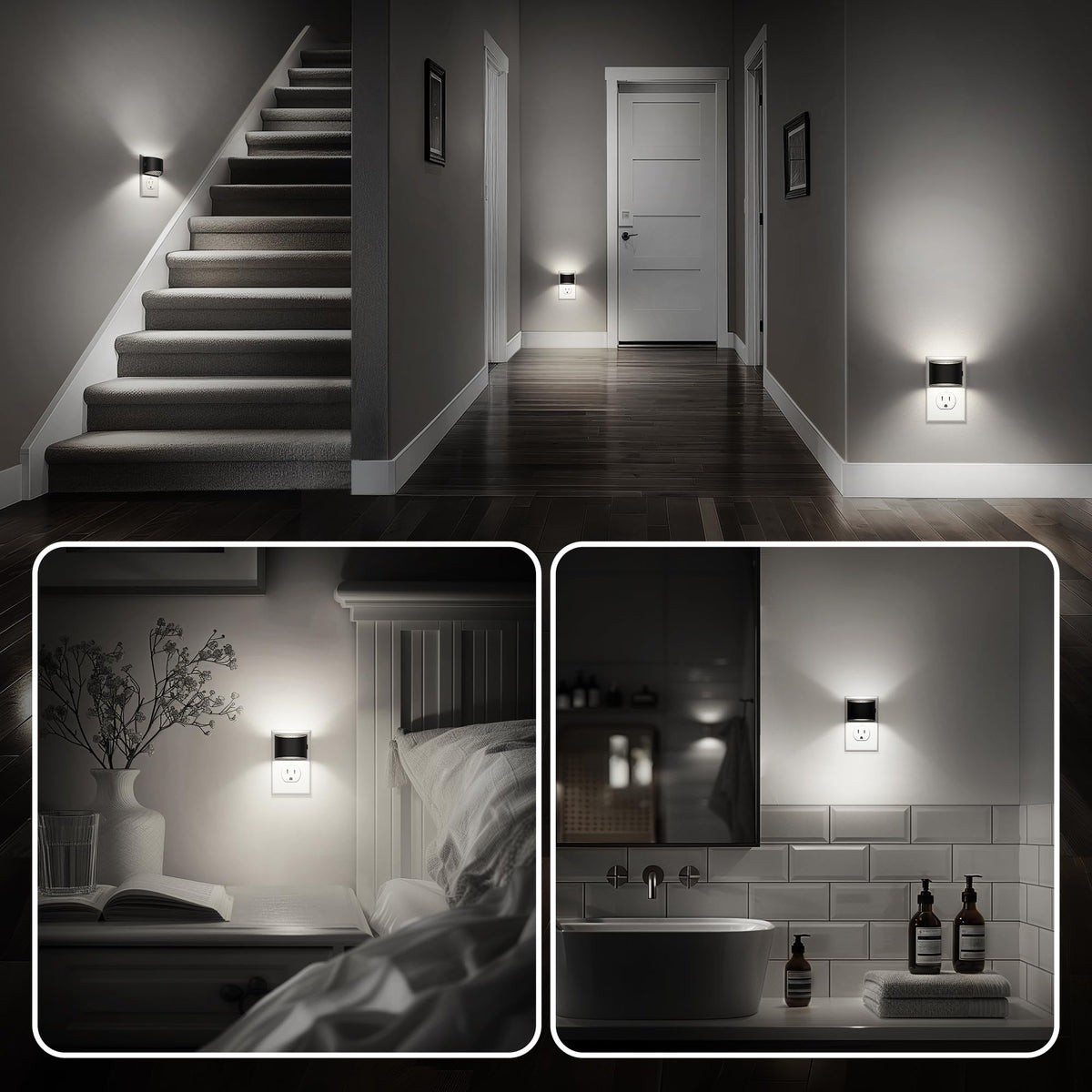DORESshop LED Night Light 2 Pack – Plug-In Wall Lights, 3-Level Brightness, Dusk-to-Dawn Sensor, 5000K