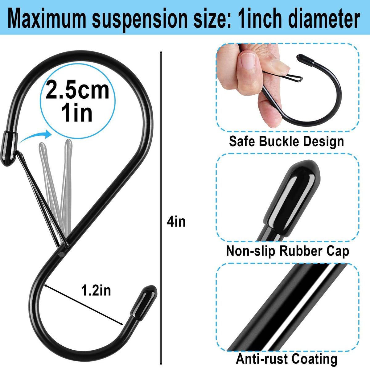 Dreecy 4-Inch S Hooks with Safety Buckle – 10-Pack Heavy-Duty Metal Hangers