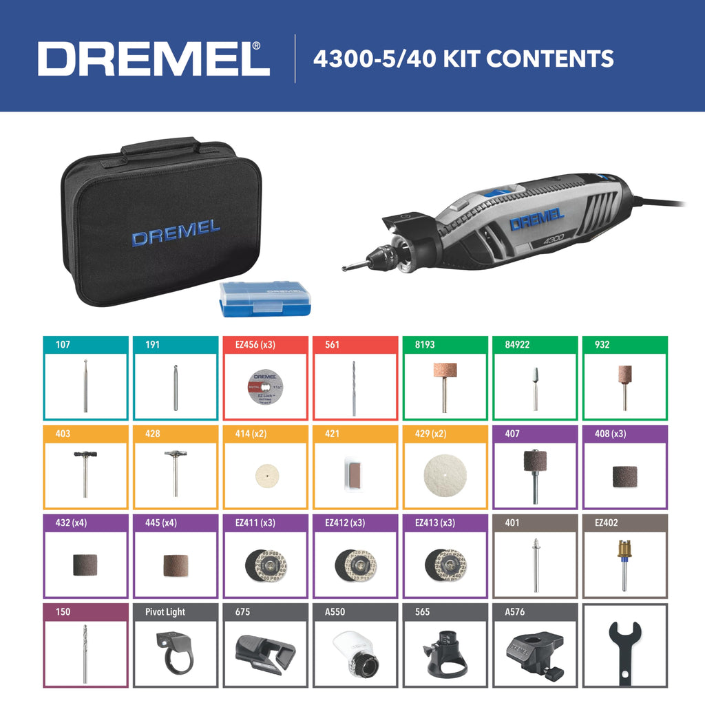 Dremel 4300-5/40 High Performance Rotary Tool Kit with LED Light – 5 Attachments & 40 Accessories
