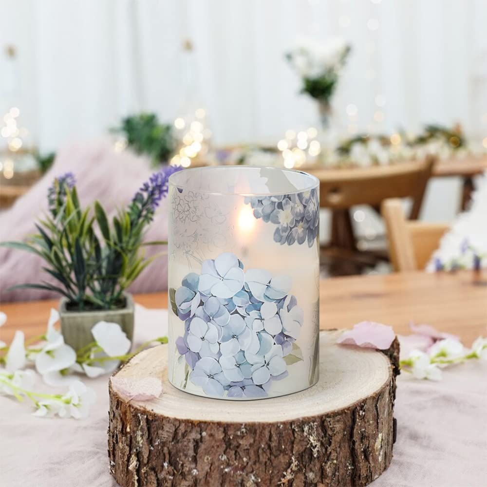 DRomance Hydrangea Glass Flameless Candles with Remote Timer – Battery-Operated LED Pillar Candles, 5" & 6"