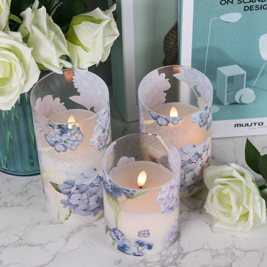 DRomance Hydrangea Glass Flameless Candles with Remote Timer – Battery-Operated LED Pillar Candles, 5" & 6"