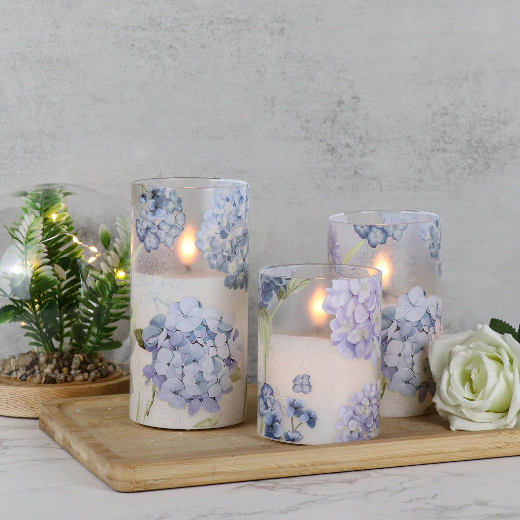 DRomance Hydrangea Glass Flameless Candles with Remote Timer – Battery-Operated LED Pillar Candles, 5" & 6"