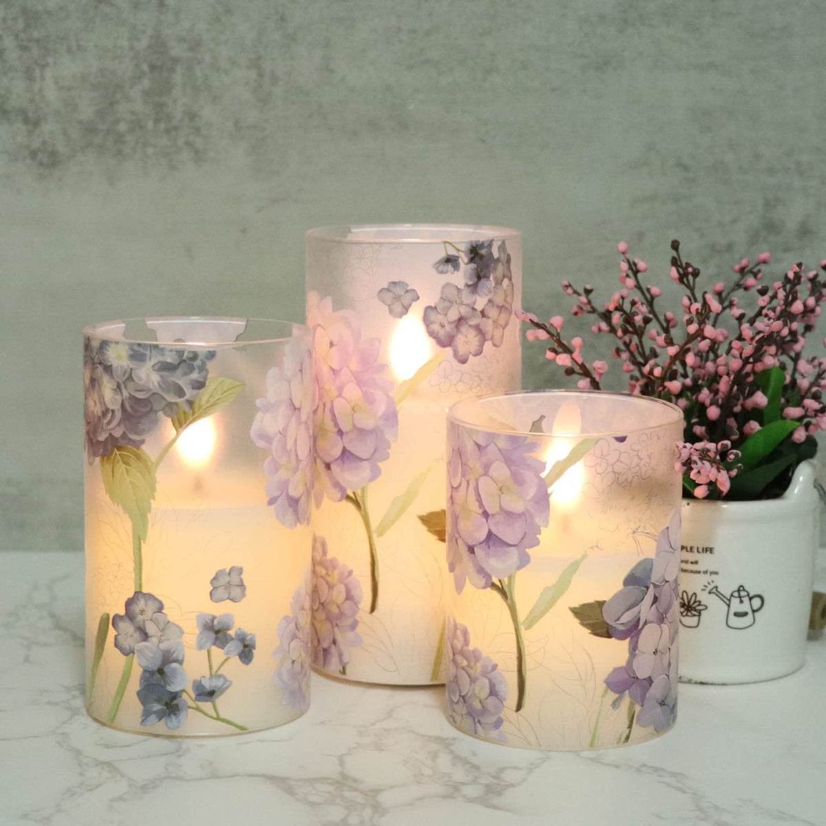 DRomance Hydrangea Glass Flameless Candles with Remote Timer – Battery-Operated LED Pillar Candles, 5" & 6"