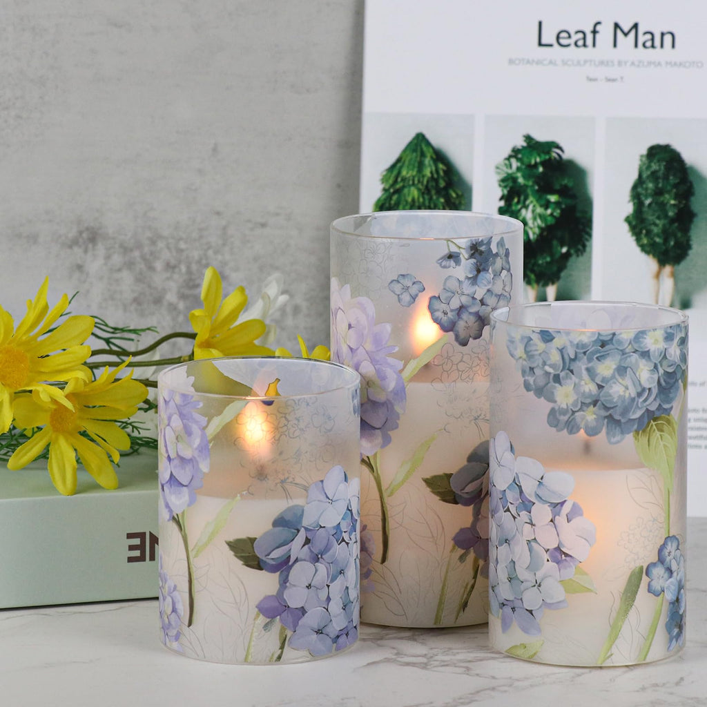 DRomance Hydrangea Glass Flameless Candles with Remote Timer – Battery-Operated LED Pillar Candles, 5" & 6"
