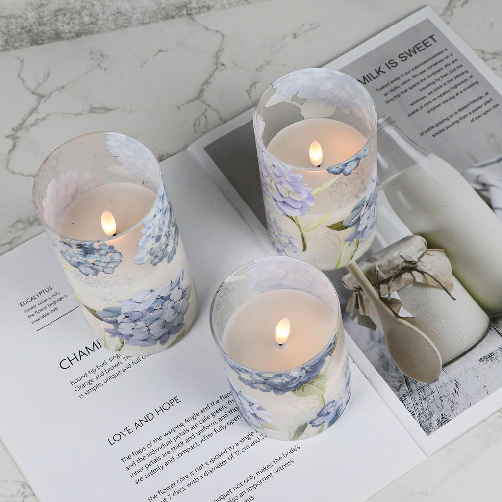 DRomance Hydrangea Glass Flameless Candles with Remote Timer – Battery-Operated LED Pillar Candles, 5" & 6"