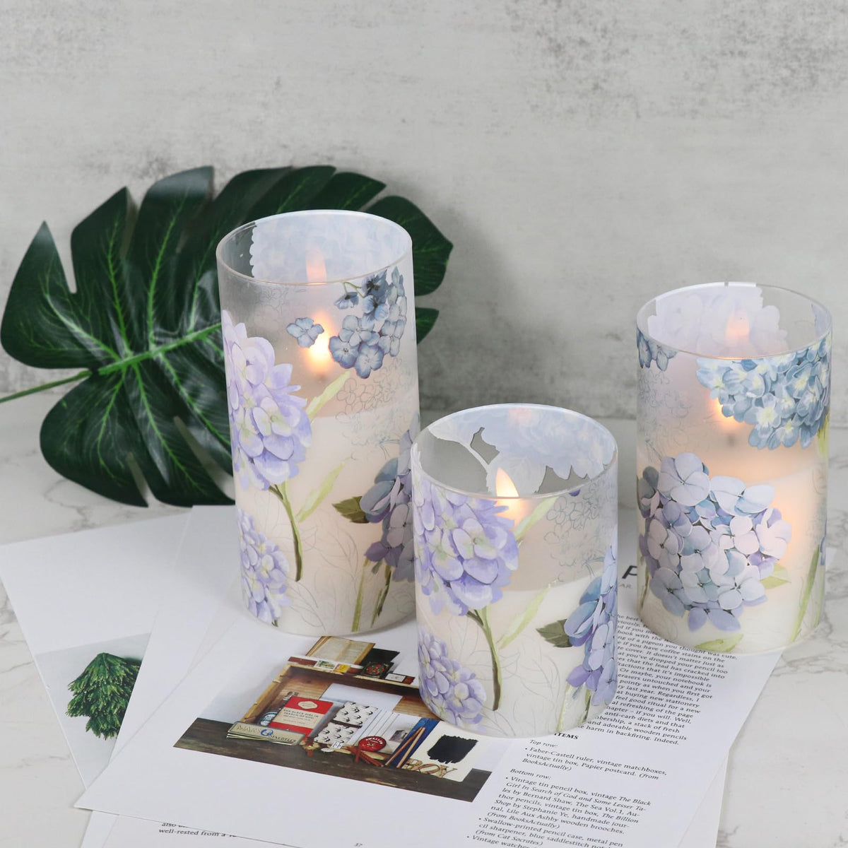 DRomance Hydrangea Glass Flameless Candles with Remote Timer – Battery-Operated LED Pillar Candles, 5" & 6"