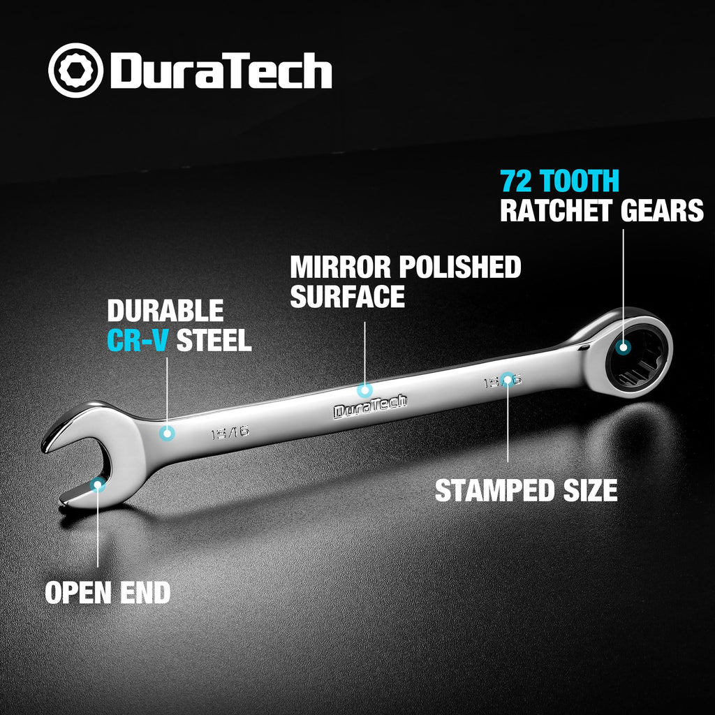 Duratech 15/16-Inch Ratcheting Combination Wrench, SAE, 72-Tooth, 12-Point, Mirror-Polished CR-V
