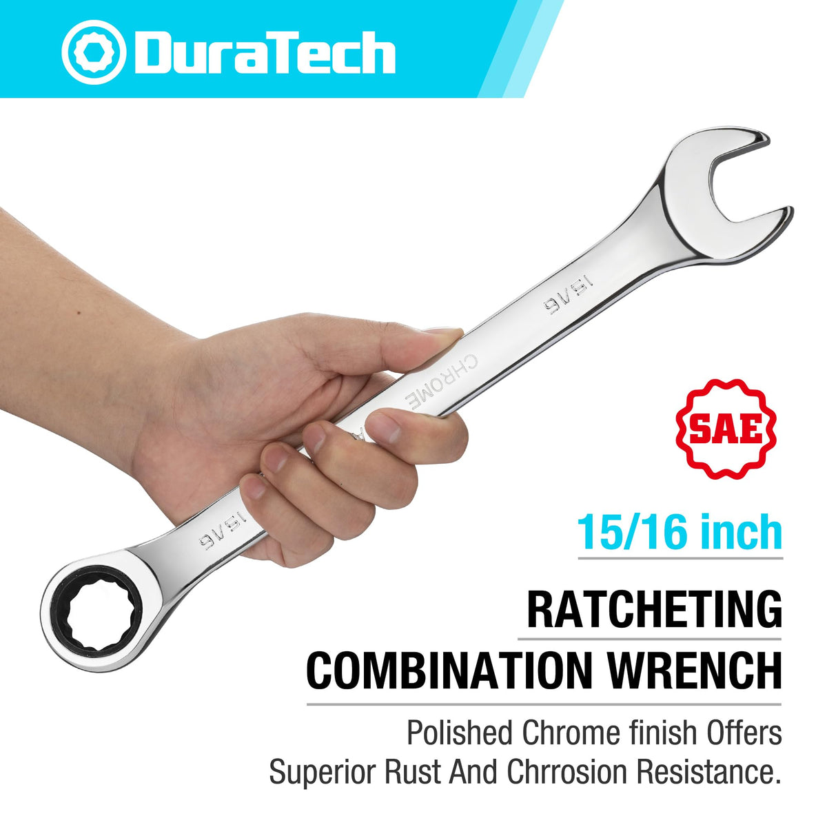Duratech 15/16-Inch Ratcheting Combination Wrench, SAE, 72-Tooth, 12-Point, Mirror-Polished CR-V