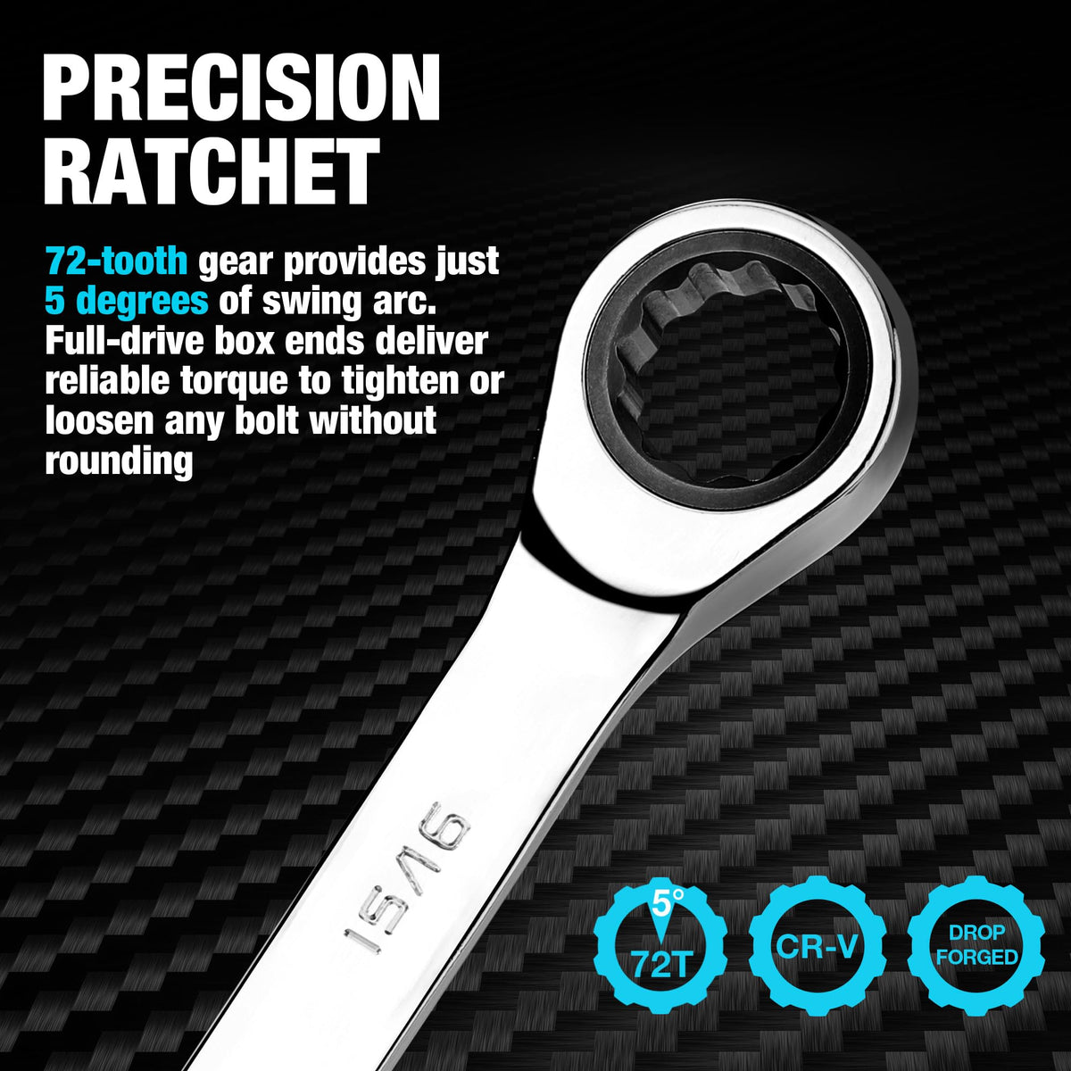 Duratech 15/16-Inch Ratcheting Combination Wrench, SAE, 72-Tooth, 12-Point, Mirror-Polished CR-V