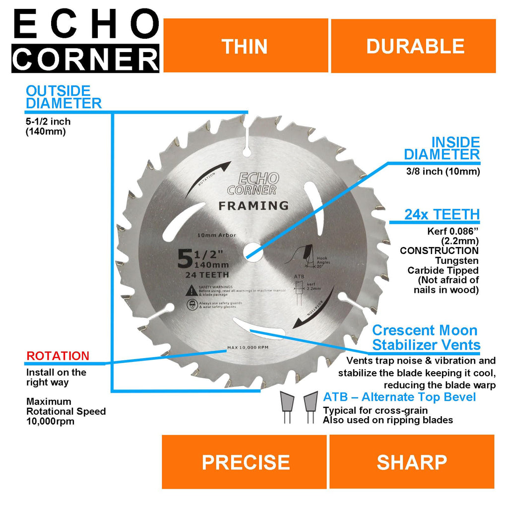 Echo Corner 5-1/2-Inch Circular Saw Blades Pack — 48T + 24T Carbide TCT, 10mm Arbor