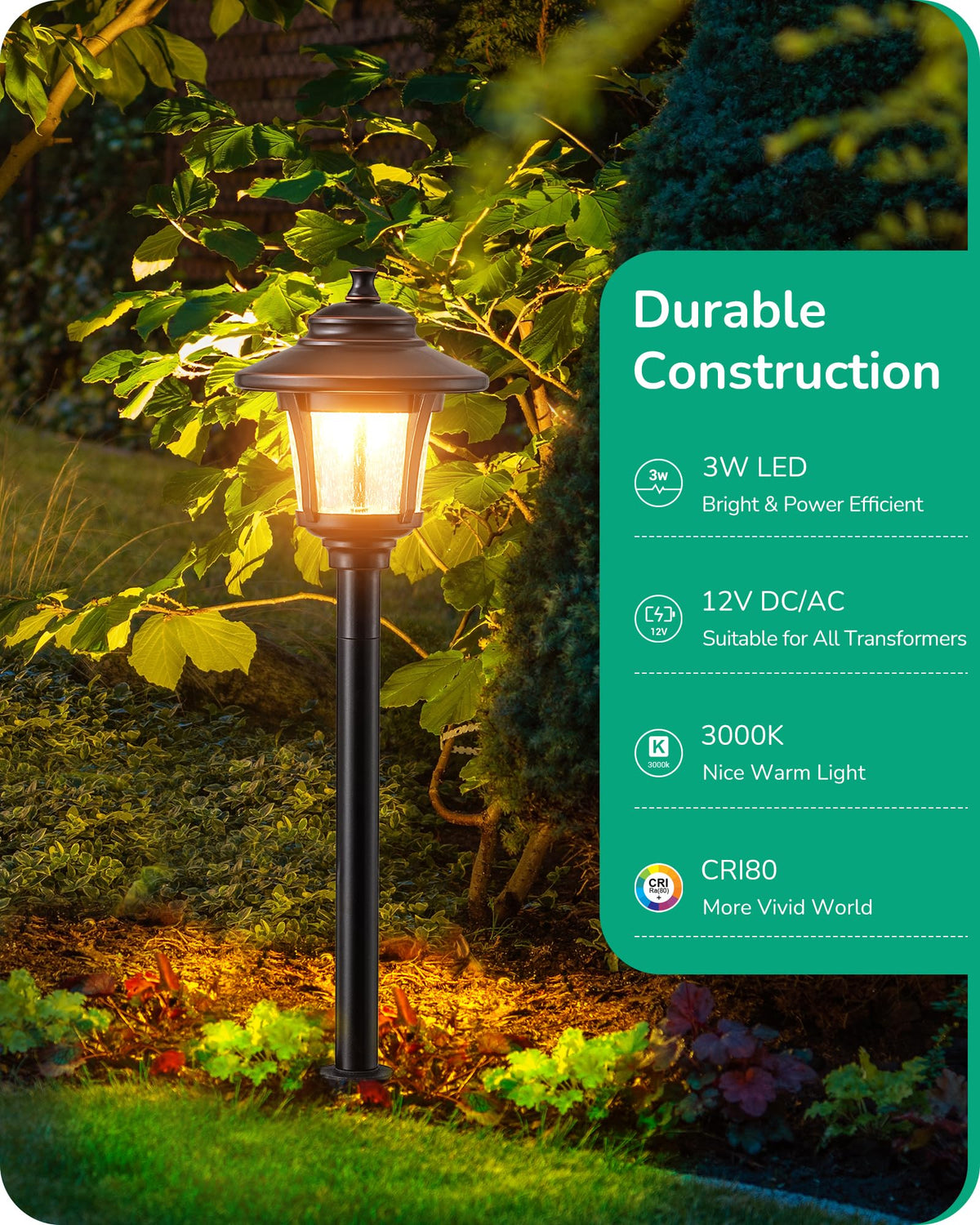 EDISHINE Low Voltage Pathway Lights – 10 Pack, Seeded Glass, 12V 3W, 120LM, 3000K, ORB Bronze