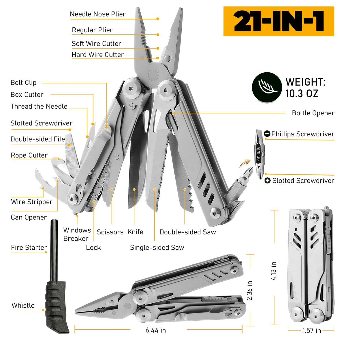 Elvesoar 21-in-1 Stainless Steel Multitool – Self-Locking EDC with Pliers, Knife, Saw, Bits, Fire Starter