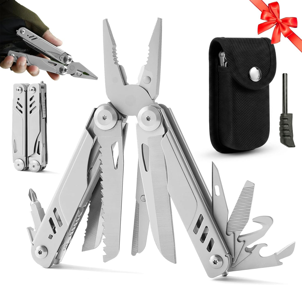 Elvesoar 21-in-1 Stainless Steel Multitool – Self-Locking EDC with Pliers, Knife, Saw, Bits, Fire Starter