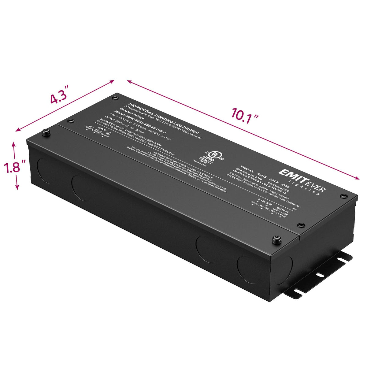 EMITEVER Dimmable LED Driver 300W IP67 | 110-277V to 24V, 5-in-1 Dimming