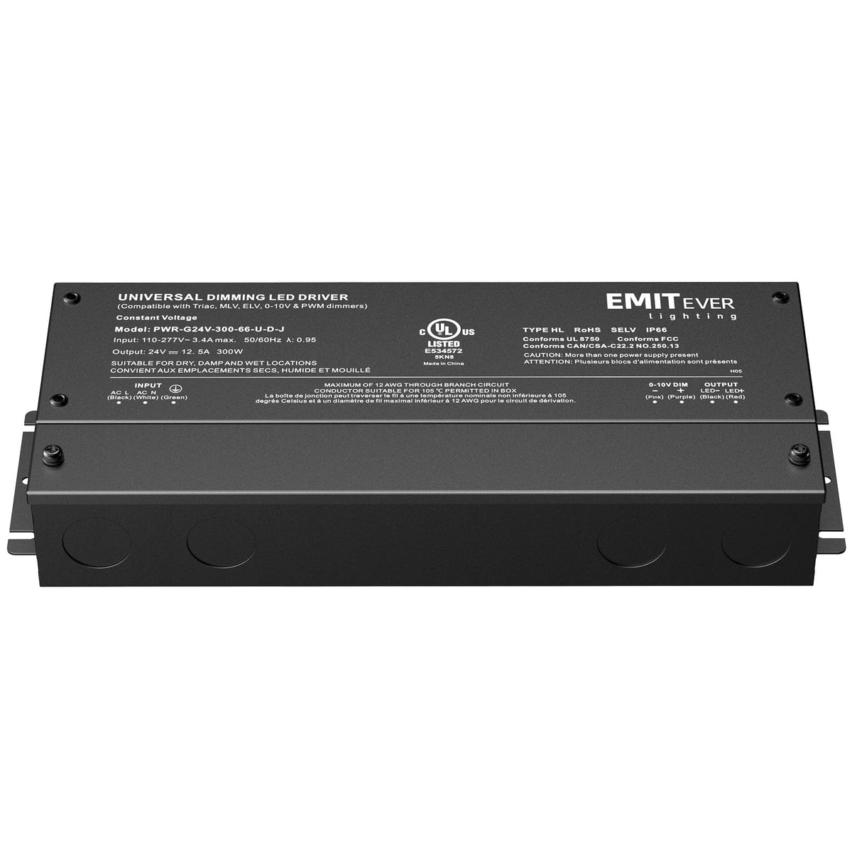 EMITEVER Dimmable LED Driver 300W IP67 | 110-277V to 24V, 5-in-1 Dimming