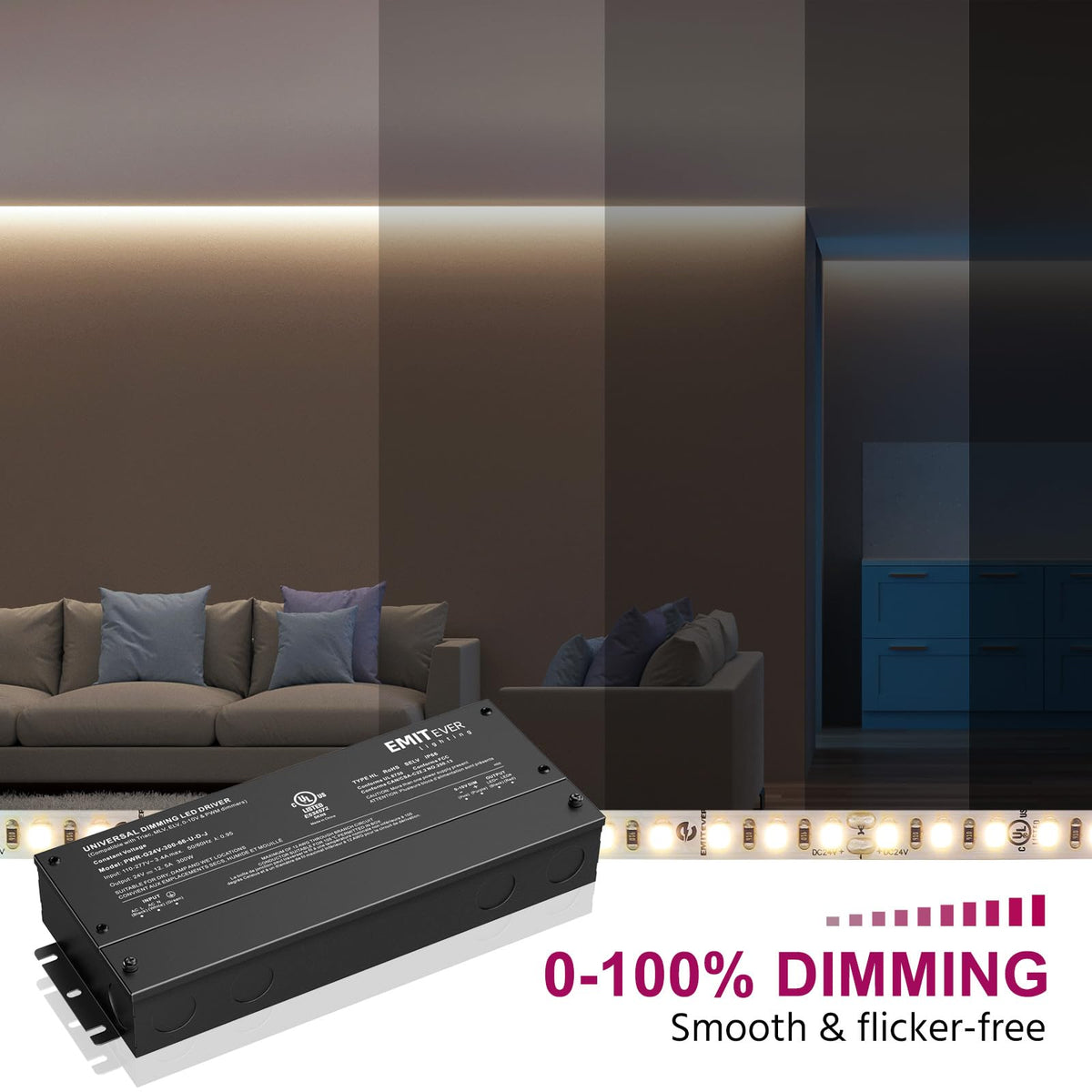 EMITEVER Dimmable LED Driver 300W IP67 | 110-277V to 24V, 5-in-1 Dimming