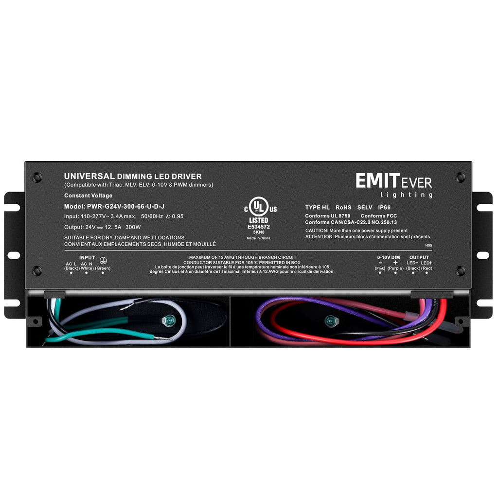 EMITEVER Dimmable LED Driver 300W IP67 | 110-277V to 24V, 5-in-1 Dimming
