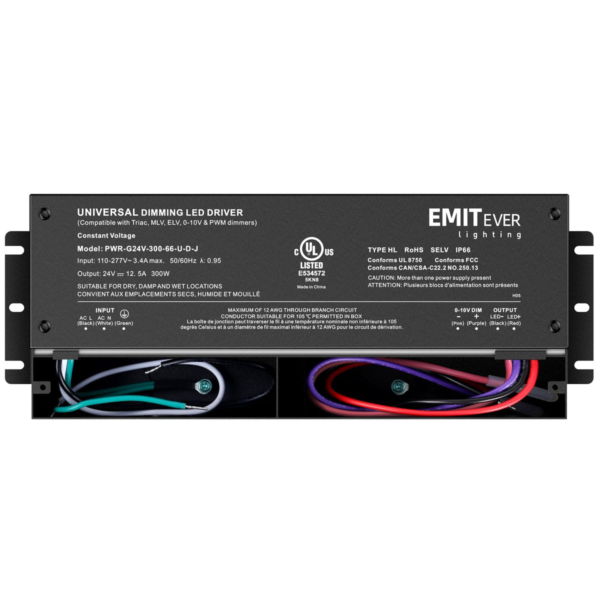 EMITEVER Dimmable LED Driver 300W IP67 | 110-277V to 24V, 5-in-1 Dimming