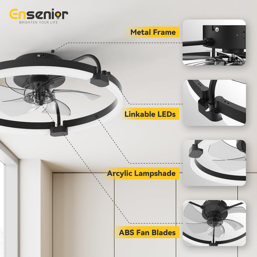 Ensenior 20'' Ceiling Fan with Lights & Remote — 6 Speeds, 3CCT, Quiet DC Motor, Low-Profile Flush Mount
