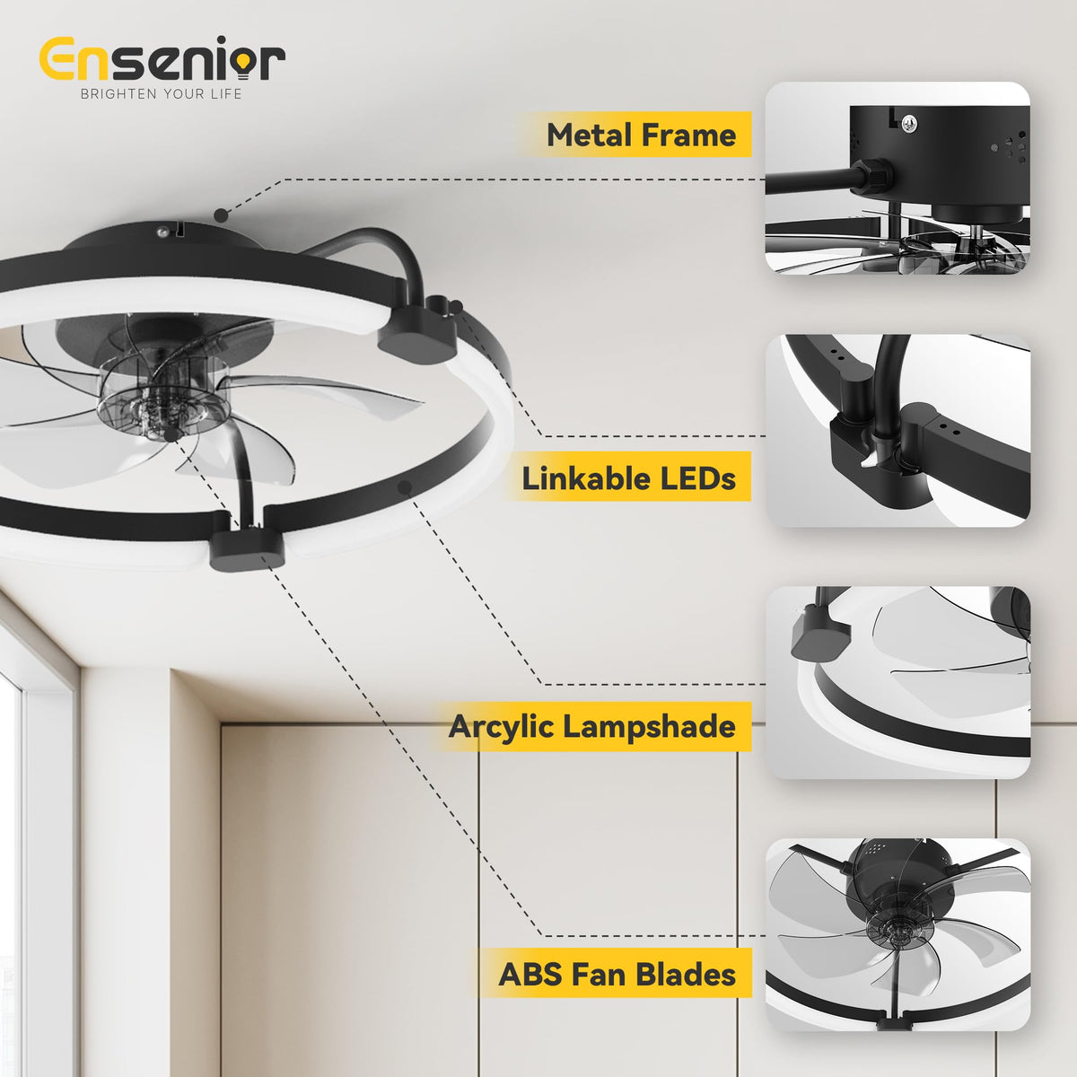 Ensenior 20'' Ceiling Fan with Lights & Remote — 6 Speeds, 3CCT, Quiet DC Motor, Low-Profile Flush Mount