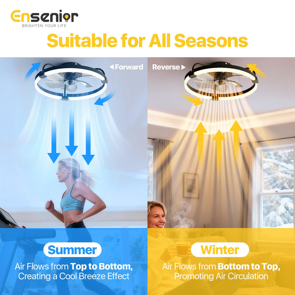 Ensenior 20'' Ceiling Fan with Lights & Remote — 6 Speeds, 3CCT, Quiet DC Motor, Low-Profile Flush Mount
