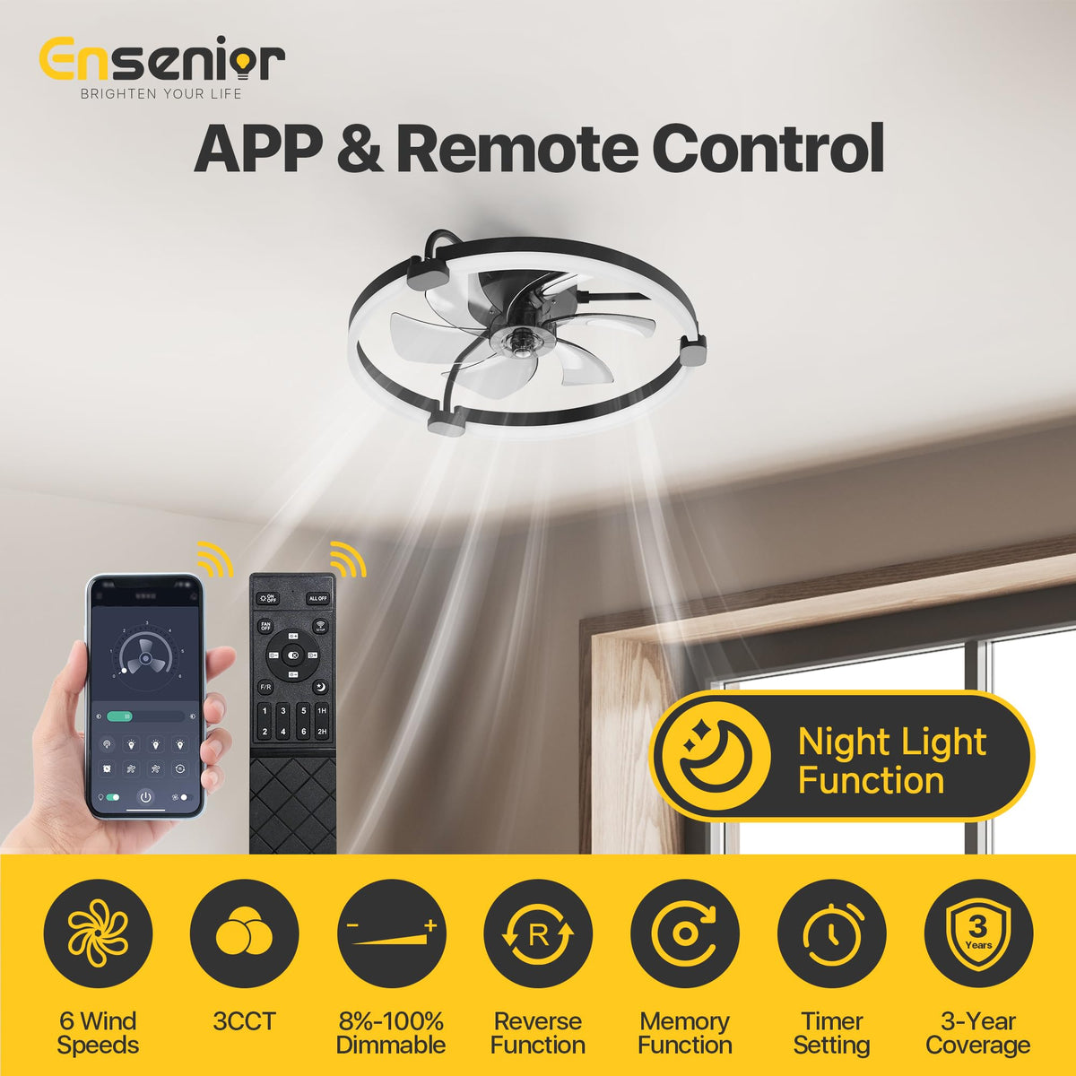Ensenior 20'' Ceiling Fan with Lights & Remote — 6 Speeds, 3CCT, Quiet DC Motor, Low-Profile Flush Mount