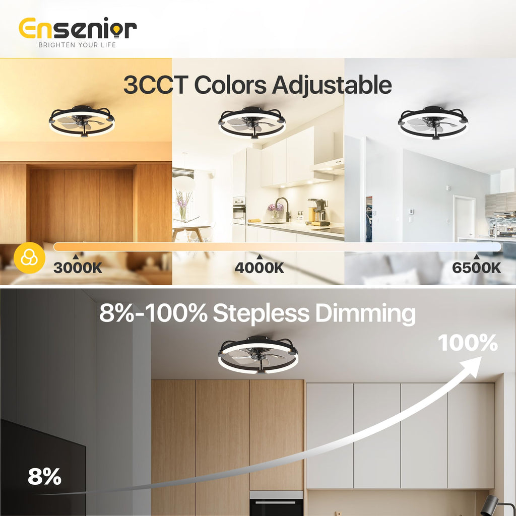Ensenior 20'' Ceiling Fan with Lights & Remote — 6 Speeds, 3CCT, Quiet DC Motor, Low-Profile Flush Mount