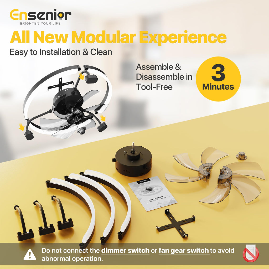 Ensenior 20'' Ceiling Fan with Lights & Remote — 6 Speeds, 3CCT, Quiet DC Motor, Low-Profile Flush Mount