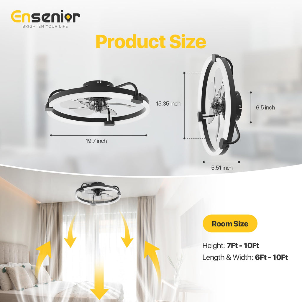 Ensenior 20'' Ceiling Fan with Lights & Remote — 6 Speeds, 3CCT, Quiet DC Motor, Low-Profile Flush Mount