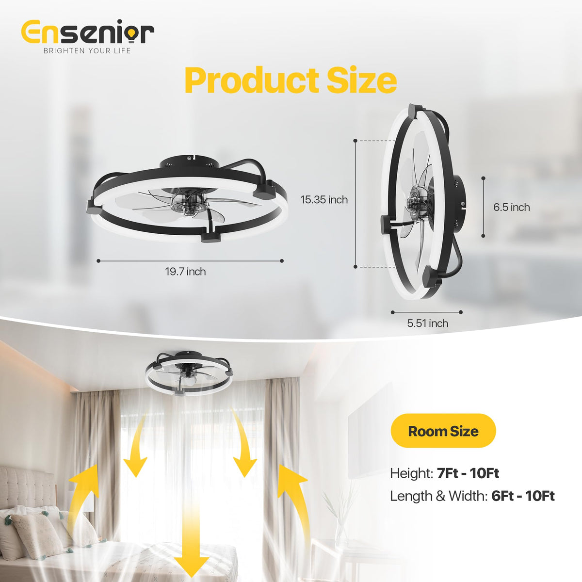Ensenior 20'' Ceiling Fan with Lights & Remote — 6 Speeds, 3CCT, Quiet DC Motor, Low-Profile Flush Mount