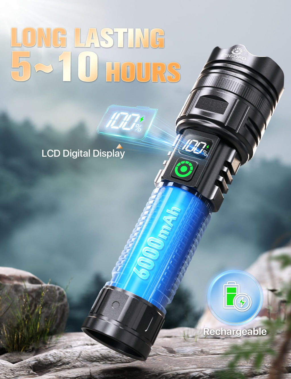 Esgofo EG24A05 Rechargeable Flashlight – 100,000 Lumens, 3280 ft Range, USB-C, Magnetic Clip