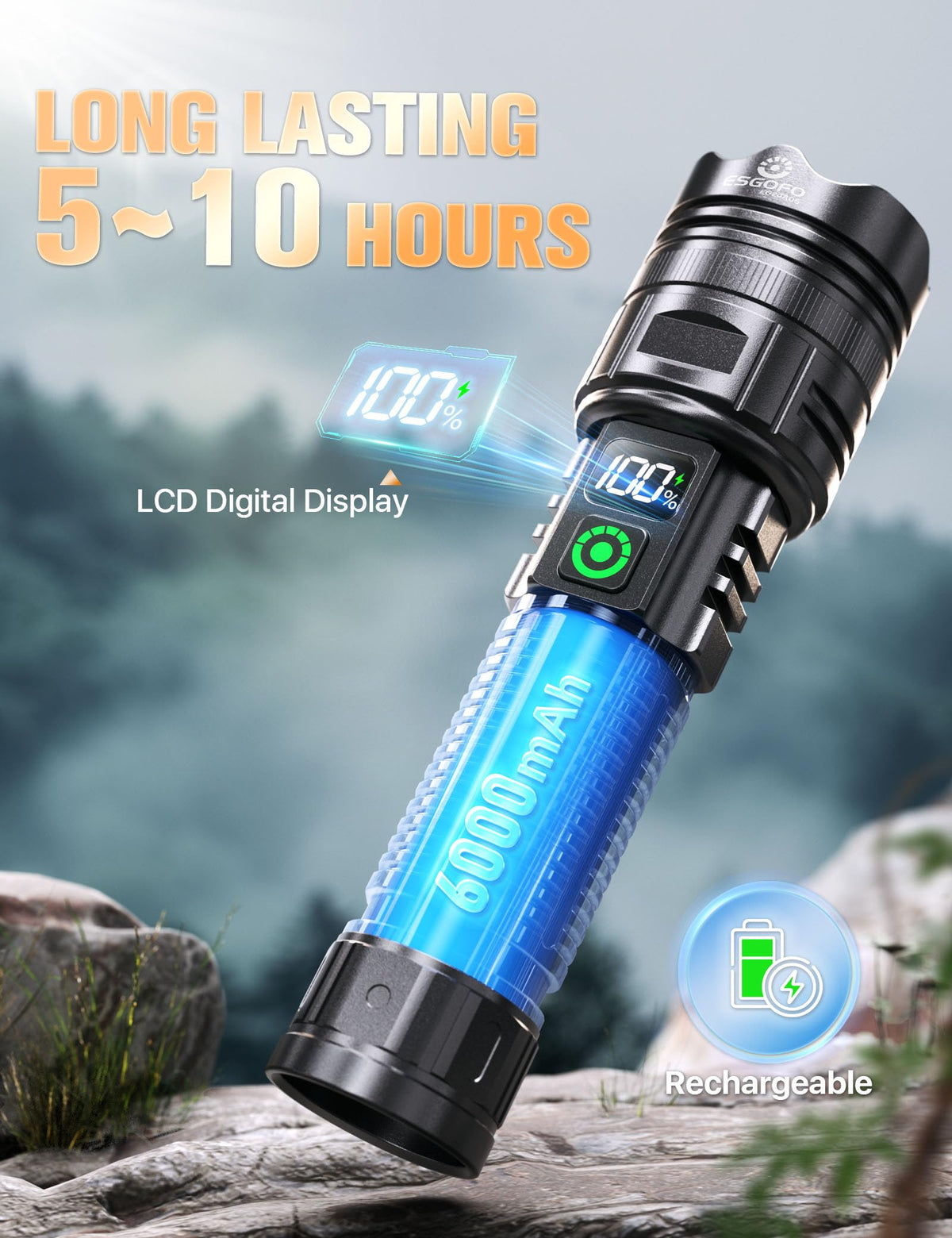 Esgofo EG24A05 Rechargeable Flashlight – 100,000 Lumens, 3280 ft Range, USB-C, Magnetic Clip