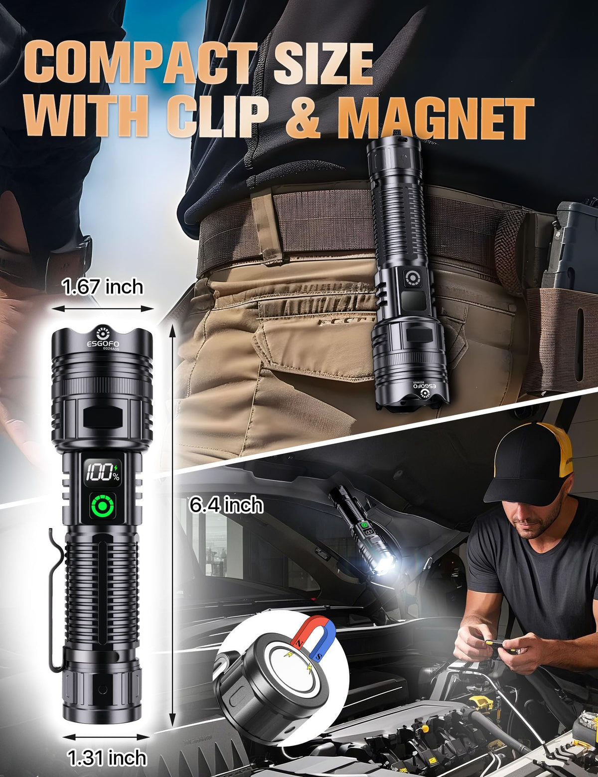 Esgofo EG24A05 Rechargeable Flashlight – 100,000 Lumens, 3280 ft Range, USB-C, Magnetic Clip