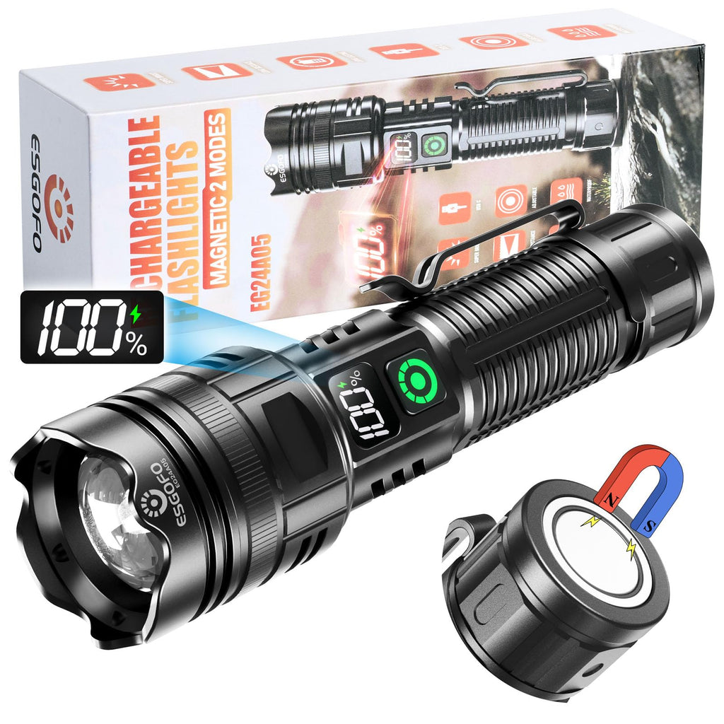 Esgofo EG24A05 Rechargeable Flashlight – 100,000 Lumens, 3280 ft Range, USB-C, Magnetic Clip