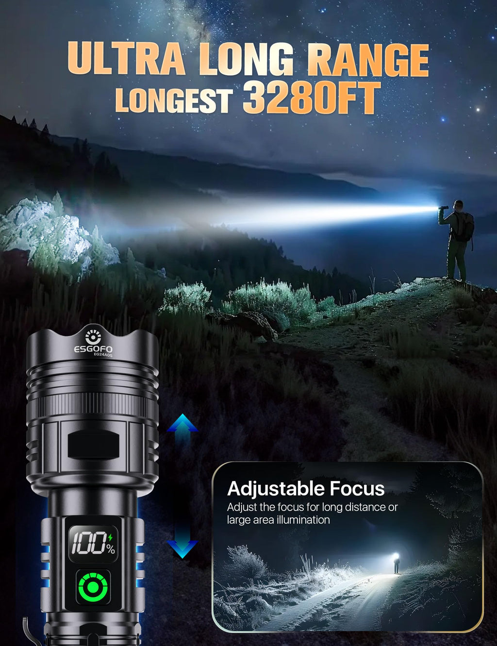 Esgofo EG24A05 Rechargeable Flashlight – 100,000 Lumens, 3280 ft Range, USB-C, Magnetic Clip