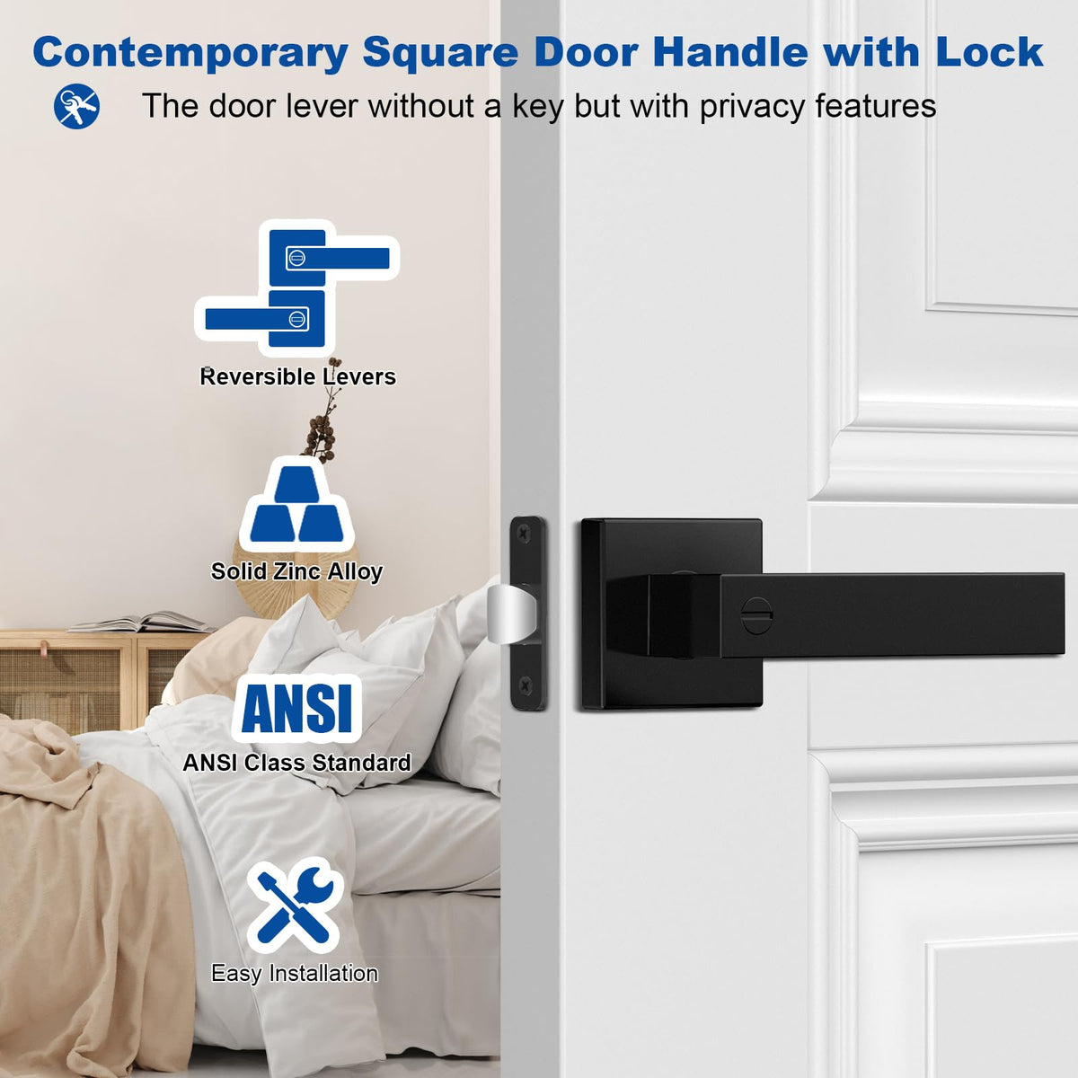Estmoon 8-Pack Black Privacy Door Handles with Lock – Heavy-Duty Interior Levers for Bedroom & Bathroom
