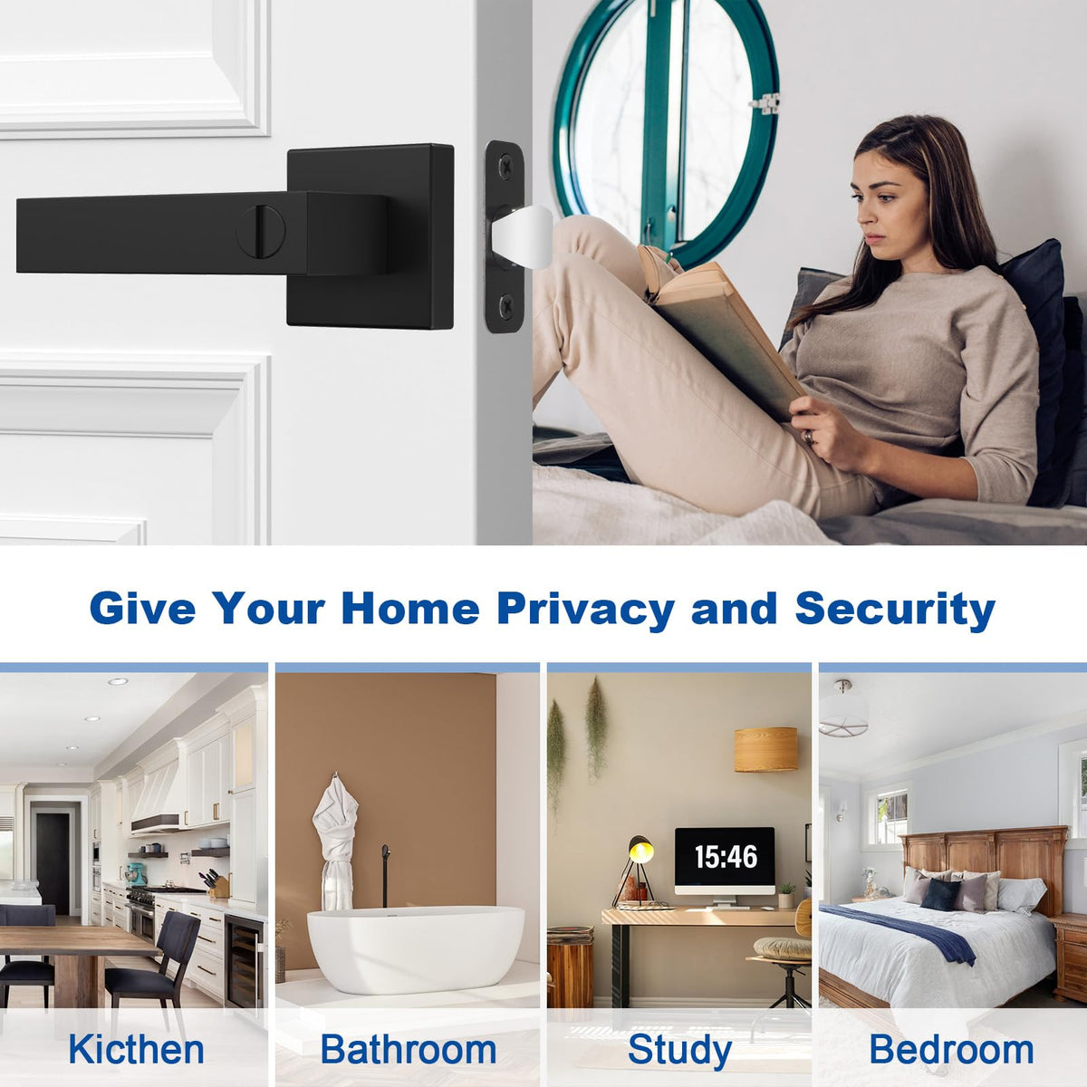 Estmoon 1 Pack Black Door Handle – Keyless Privacy Lever for Bedroom & Bathroom | Zinc Alloy