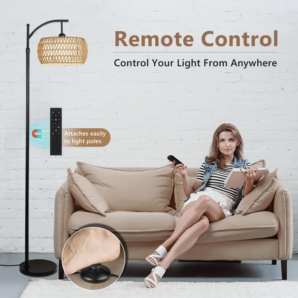 Eyassi Arc Floor Lamp with Remote — Dimmable LED, 3 Color Temps, Boho Rattan Shade