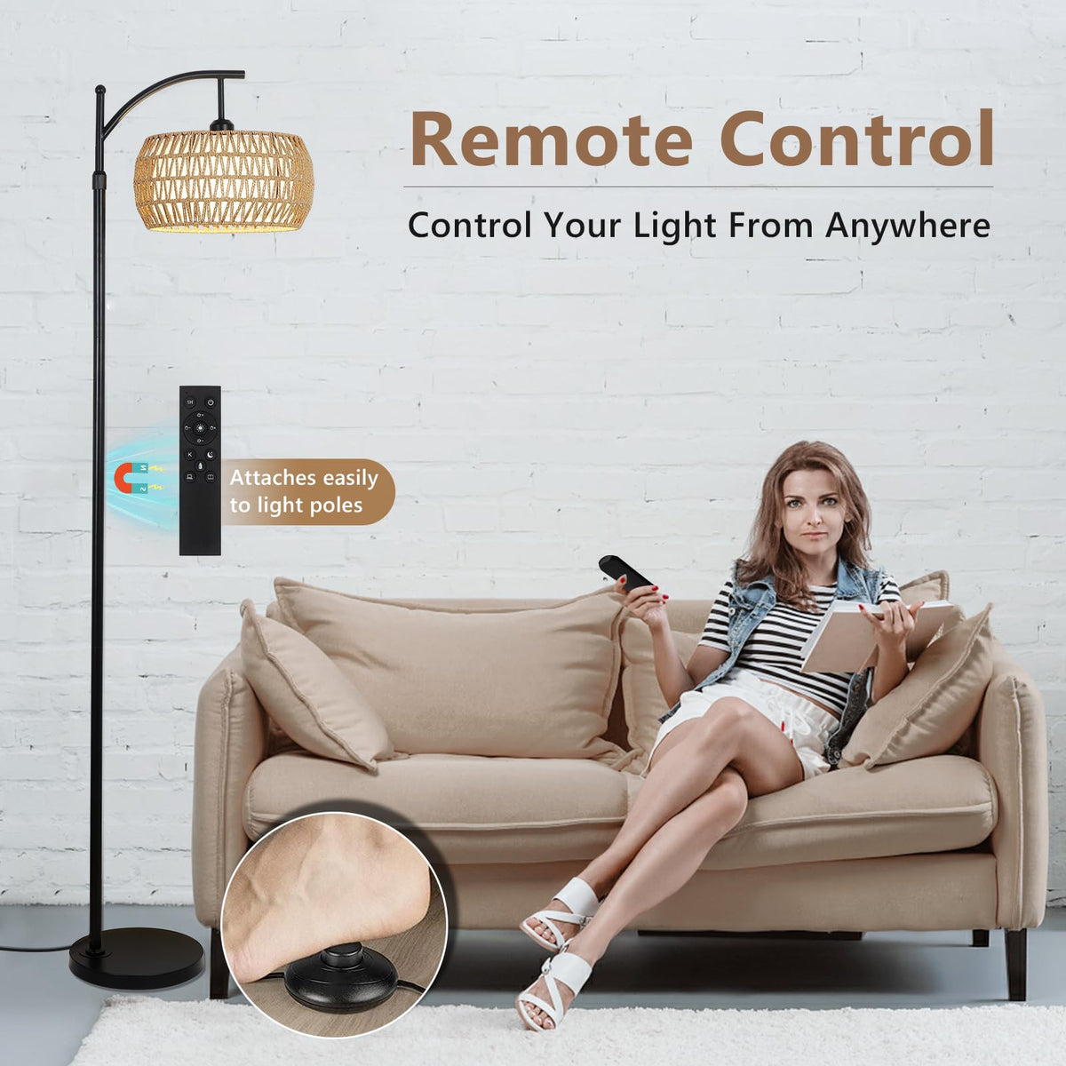 Eyassi Arc Floor Lamp with Remote — Dimmable LED, 3 Color Temps, Boho Rattan Shade