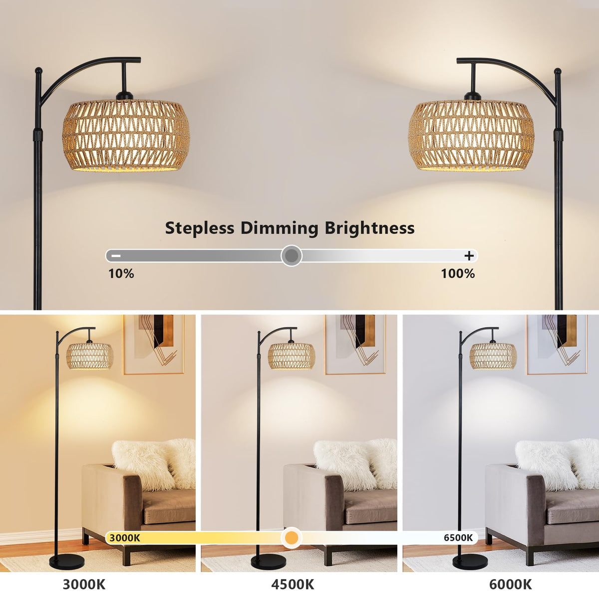 Eyassi Arc Floor Lamp with Remote — Dimmable LED, 3 Color Temps, Boho Rattan Shade