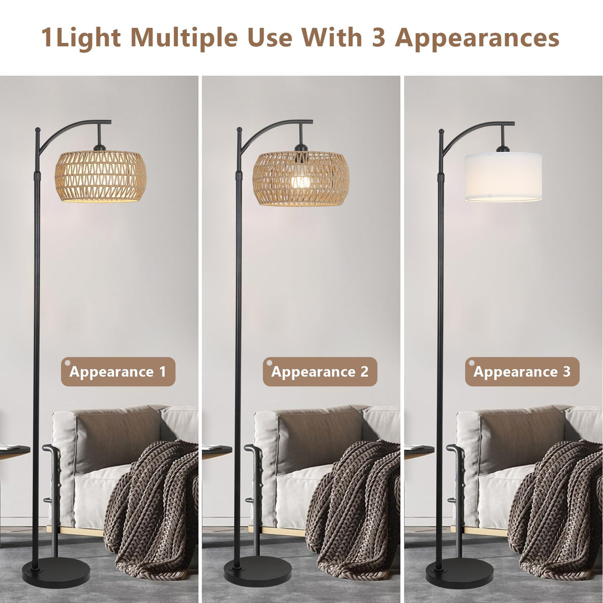 Eyassi Arc Floor Lamp with Remote — Dimmable LED, 3 Color Temps, Boho Rattan Shade
