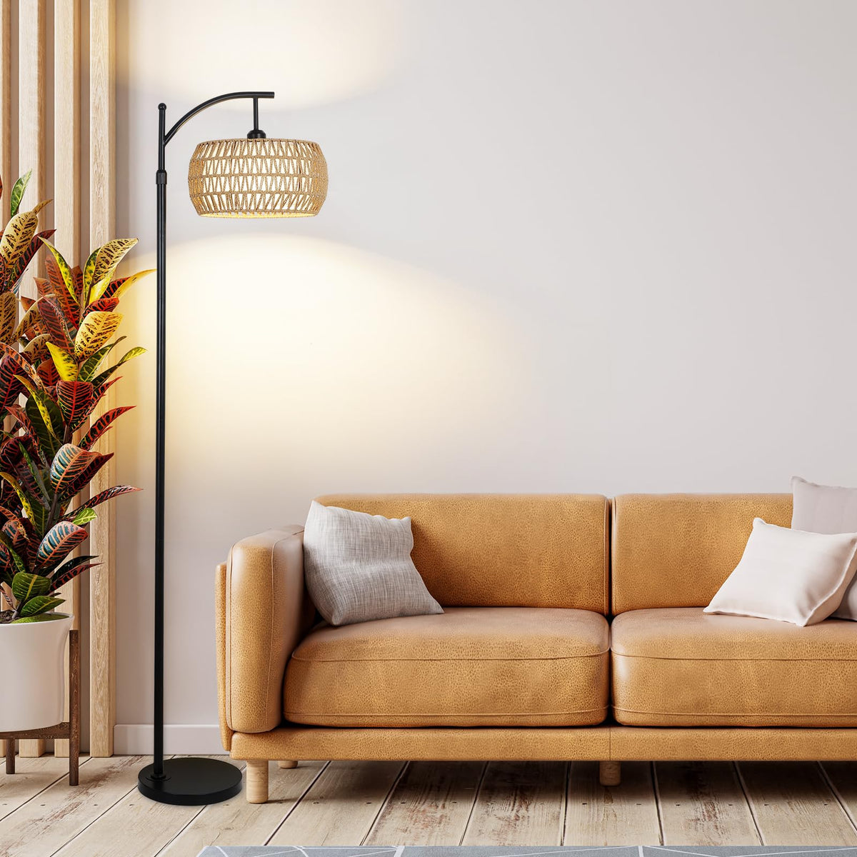 Eyassi Arc Floor Lamp with Remote — Dimmable LED, 3 Color Temps, Boho Rattan Shade