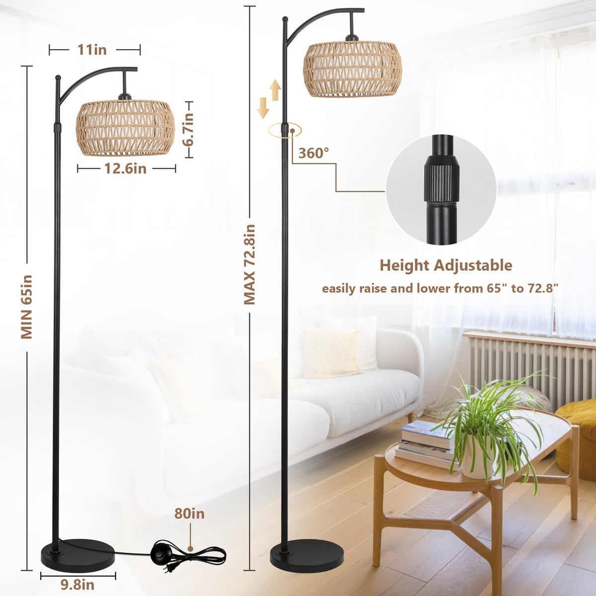 Eyassi Arc Floor Lamp with Remote — Dimmable LED, 3 Color Temps, Boho Rattan Shade