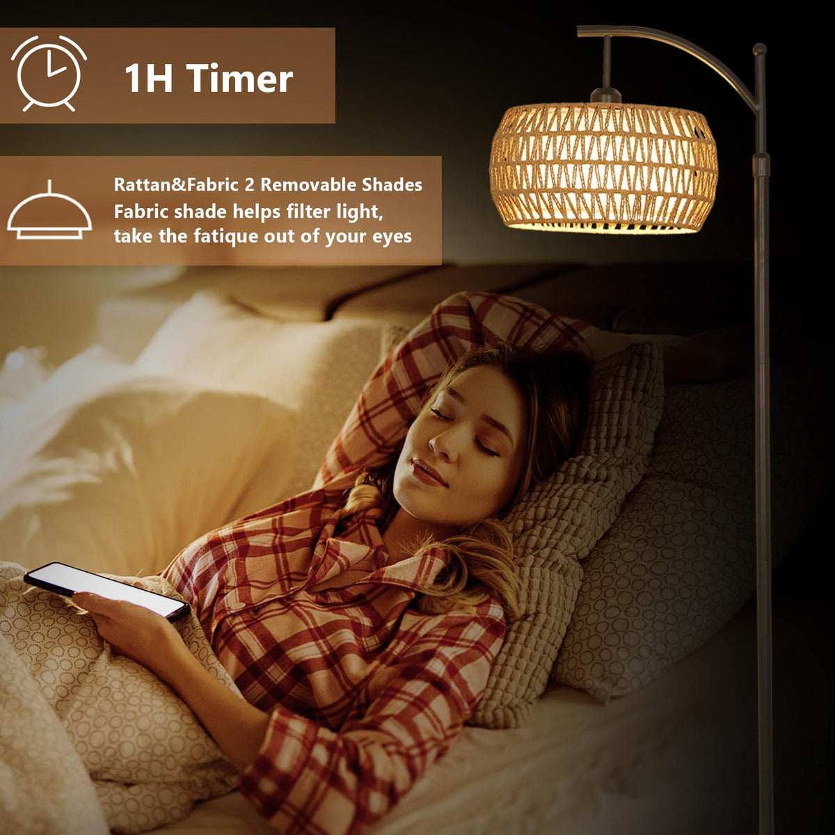 Eyassi Arc Floor Lamp with Remote — Dimmable LED, 3 Color Temps, Boho Rattan Shade